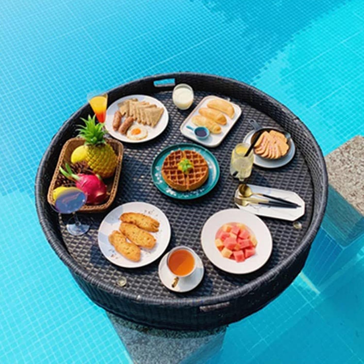 Rattan Floating Breakfast Tray Round Swimming Pool Floating Tray Table Extra Large Water Floating Table for Pool Beach Party,Beige-60 * 20Cm