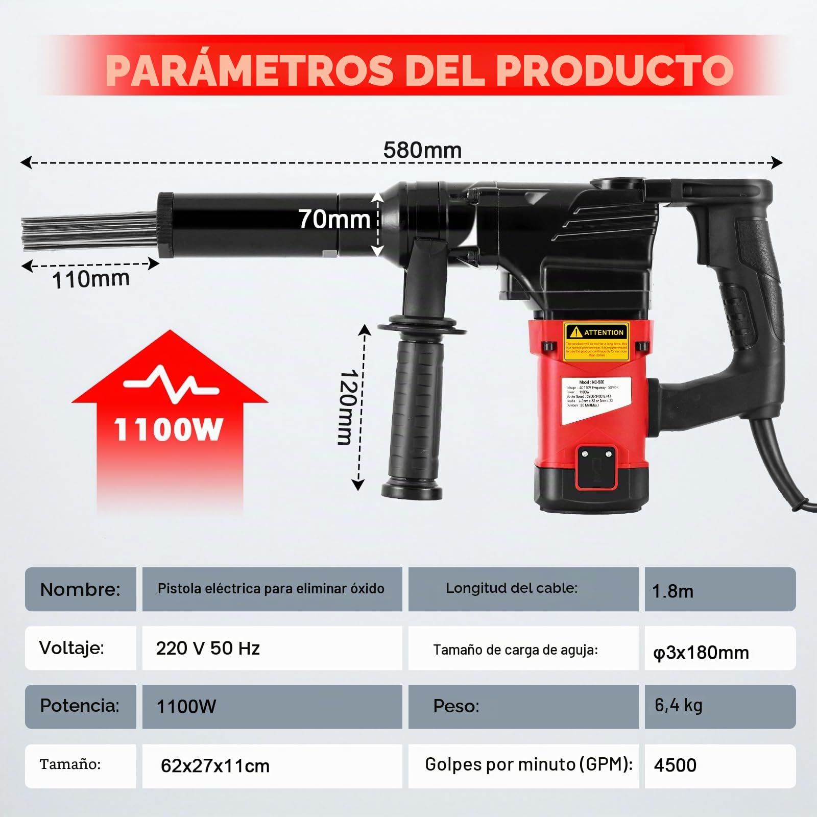 YUCHENGTECH Escalador de Agujas Electrico 1100W | Pistola Eléctrica de Desoxidación Con 100 Agujas de Acero Escalador de Agujas para Quitar óxido Escoria Soldadura y Pintura