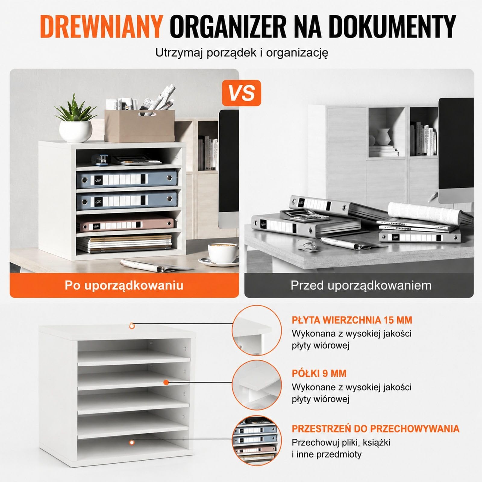 Biały sorter na dokumenty z 5 przegródkami, regulowane półki, taca na papier A4 do biura, domu i sali lekcyjnej