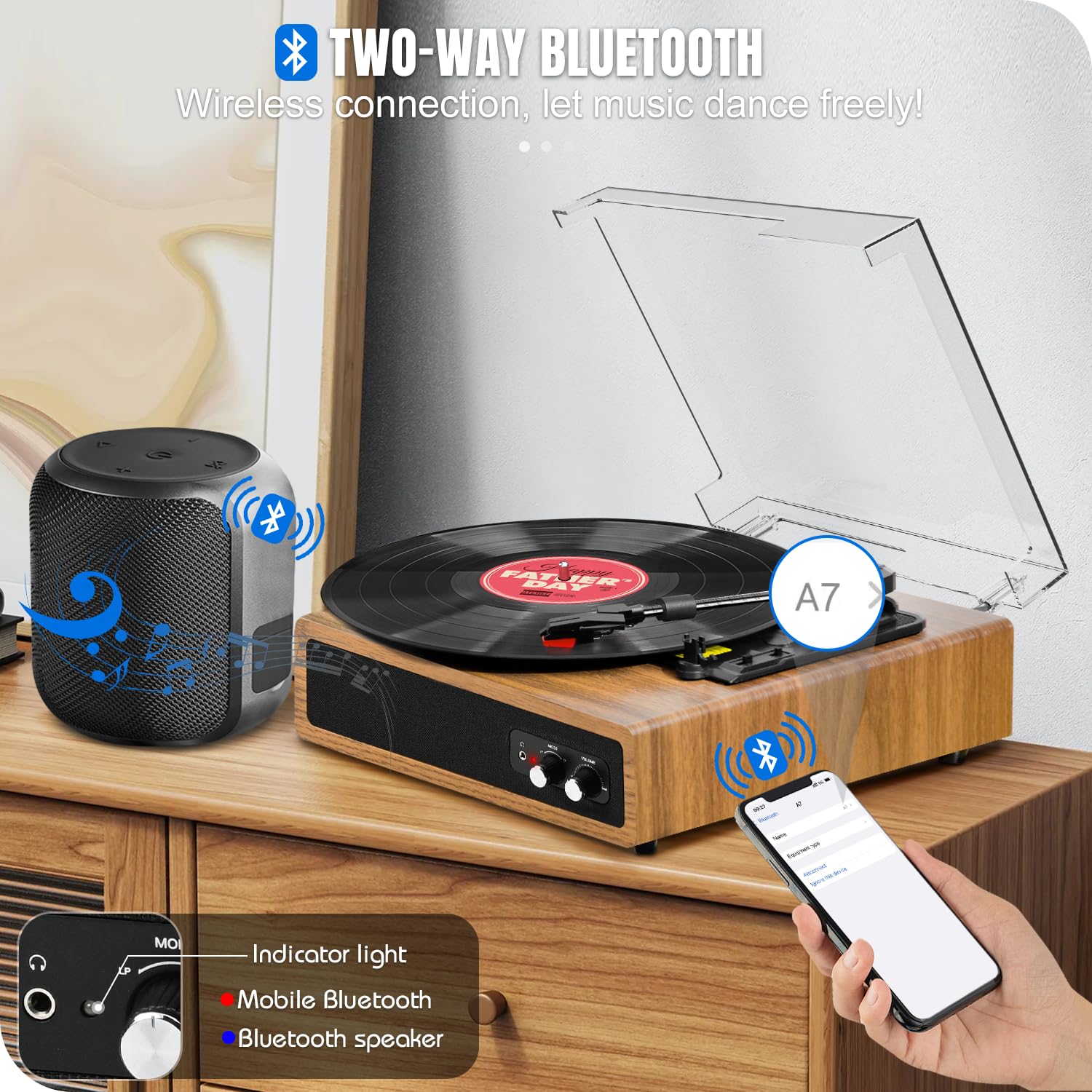 Giradischi Vinili, FYDEE Giradischi Portatile Bluetooth con Altoparlanti Integrati, 3 Velocità (33 1/3, 45 e 78 Giri), Trasmissione e Ricezione Bluetooth Lettore Vinile, Supporta RCA, AUX, Rovere