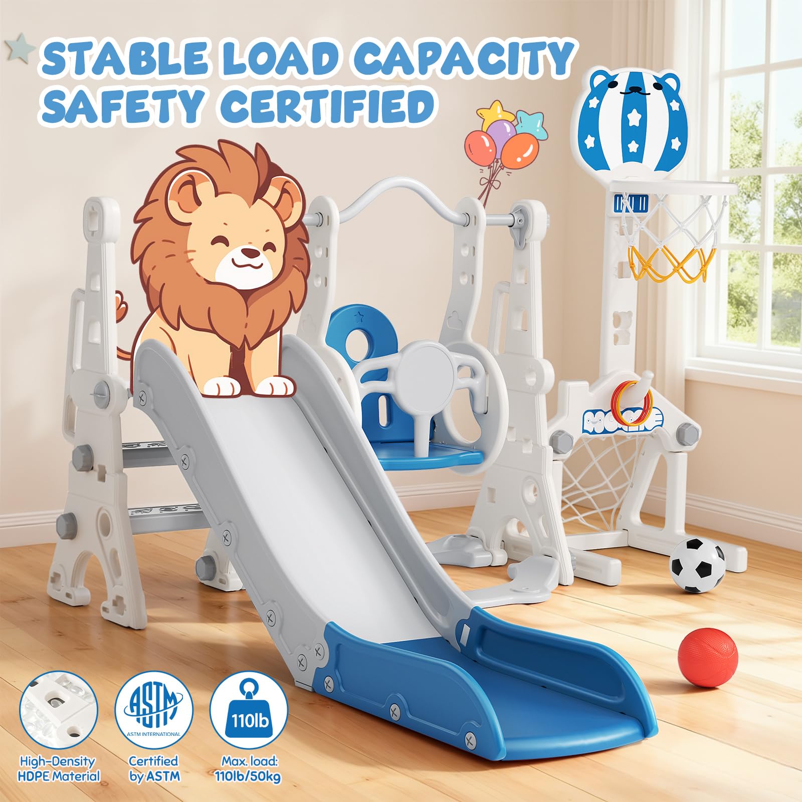 6 in 1 Scivolo Autoportante per Bambini Scivolo Giocattolo con Canestro da Basket e Altalena per Interni ed Esterni Bambini Scivolo da Giardino in Plastica PP e PE für 1 Jahr und Mehr