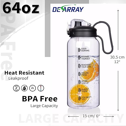 Miniatura 6 de Botella de agua de vidrio motivacional de 64 onzas con popote y marcador de tiempo, jarra de agua grande reutilizable de medio galón, botella de