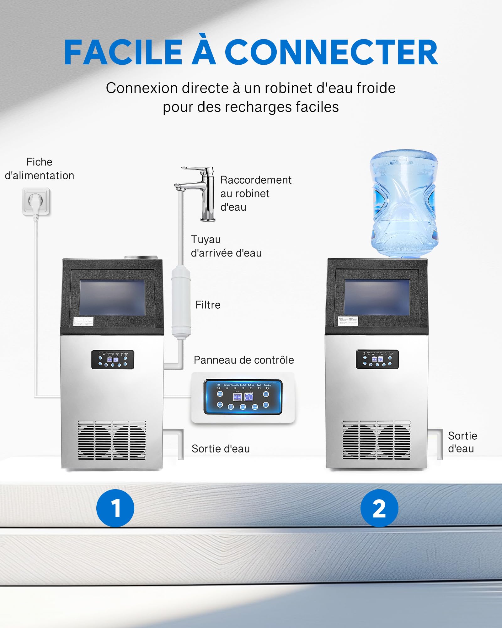 CREWORKS Machine à Glaçons Commerciale 480W 73kg/24h Ice Maker Professionnel 45 Pièces Écran LCD Storage de 10kg pour Maison Bureau Restaurant Bar Café