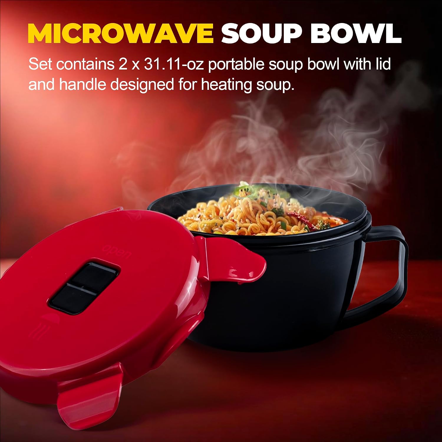 MATICAN Microwave Soup Bowl with Lid, 2-Pack Soup Mug with Lid, Microwave Containers for Ramen Noodles, Soup, Beverages, 31.11 Ounces, Red/Black