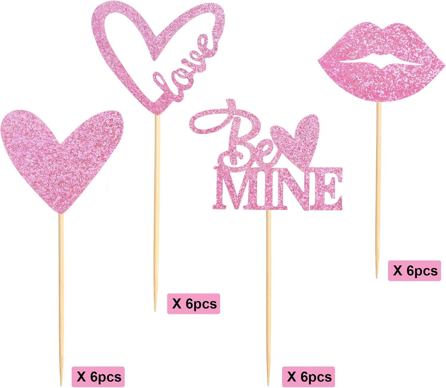 24Pcs Happy Valentine's Day Cupcake Toppers Pink Glitter Love Heart Sexy Lip Be Mine Cupcake Picks Valentine Day Theme Wedding Bridal Shower Birthday Party Cake Decorations Supplies