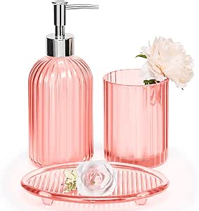Huquter 3 Pcs Pink Bathroom Accessories Set, Glass Bathroom Accessory ...