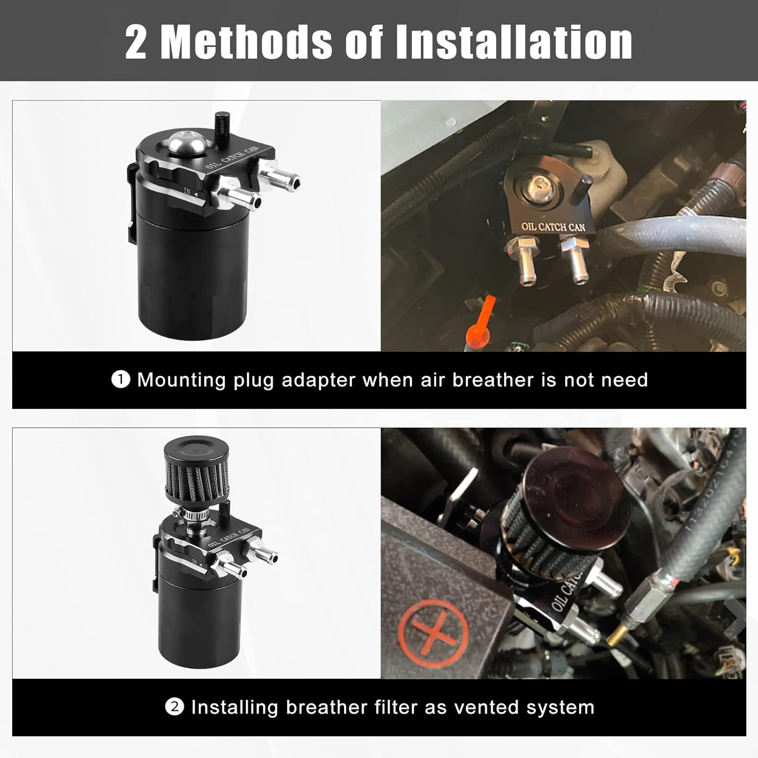 RULLINE Universal 350ml Oil Catch Can Tank 0046 Aluminum Polish Baffled Reservoir with Breather Filter with 3/8" Fuel Line with Bracket Black