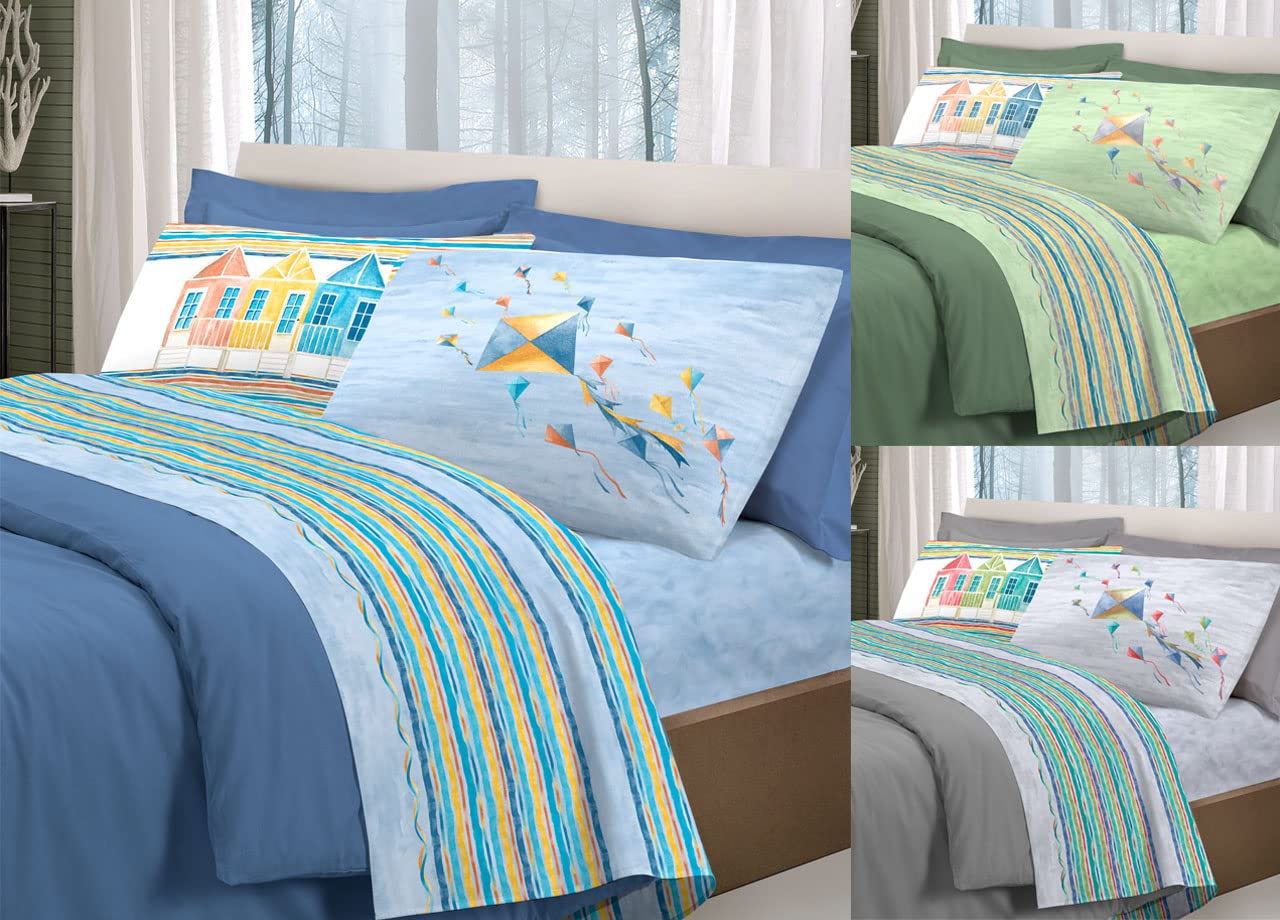 BIANCHERIAWEB Juego de Sábanas, Ropa Cama, Cubre Cama de Pensieri Delicati 100 % Algodón, Diseño de Aquiloni