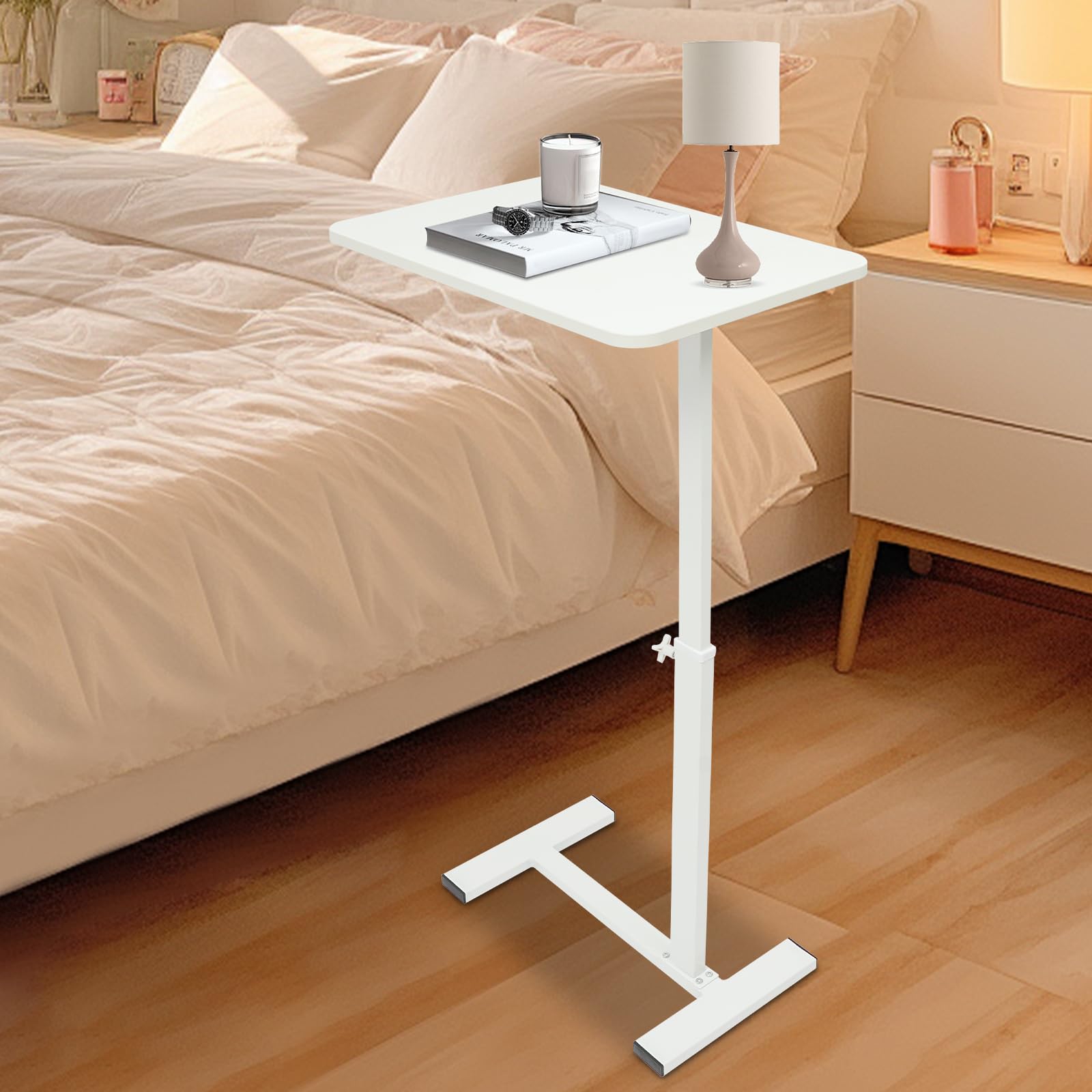 Table de chevet à roulettes réglable en hauteur pour lit, hôpital, bureau à domicile, 60 x 40 cm, blanche