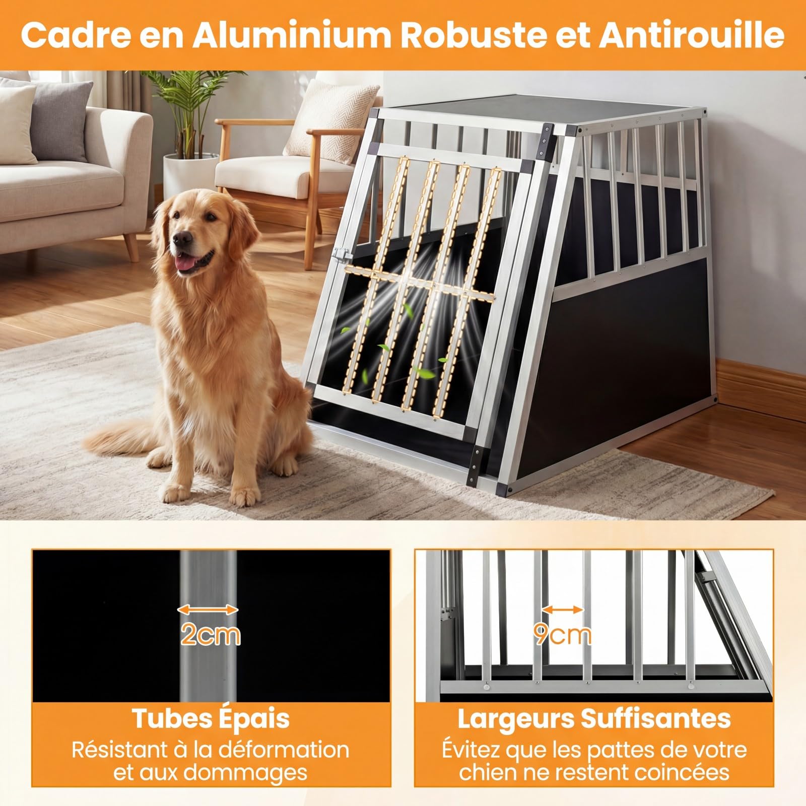COSTWAY Caisse de Transport pour Chien en Aluminium, Porte Fermeture Sécurisée, Cage Chien Voiture Trapézoïdal, Cage Anti-Morsure pour Chiots Petites Moyens pour Camping et Camion (91 x 65 x 69,5 cm)