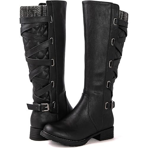 GLOBALWIN Women's Quilted Knee High Fashion Boots Strappy Boots For Women