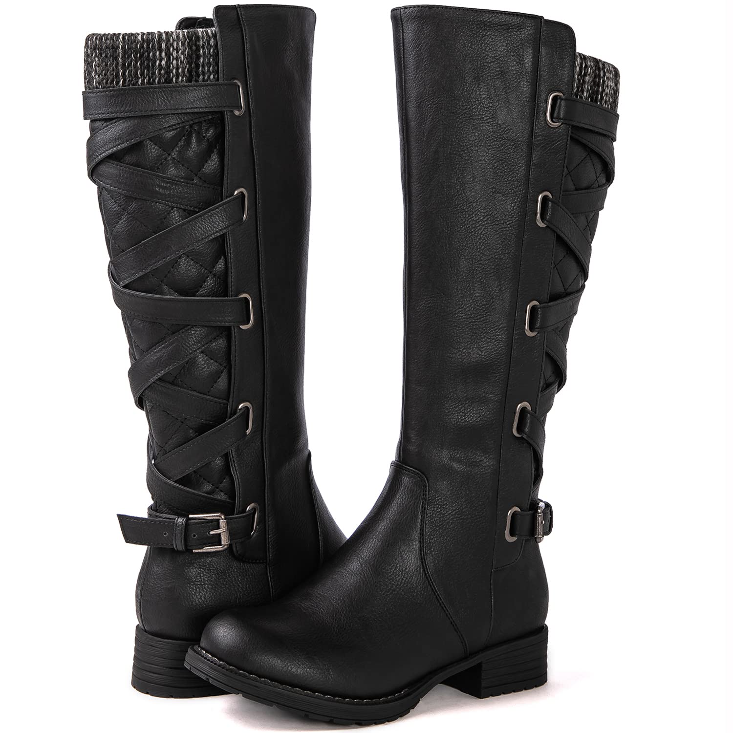 GLOBALWIN Womens Quilted Knee High Fashion Boots Strappy Boots For Women
