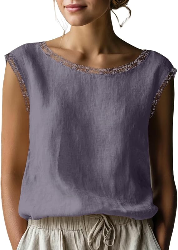 Cotton Linen Shirts for Women Cap Sleeve Boat Neck Tops Lace Trim Loose Blouses Summer Casual Tunics for Daily