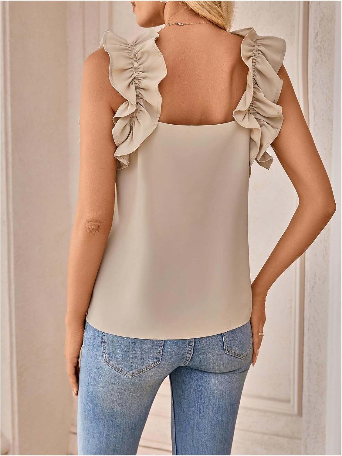 Women's Sleeveless Blouses Ruffle Trim Square Neck Backless Summer Dressy Casual Tank Tops - Image 2