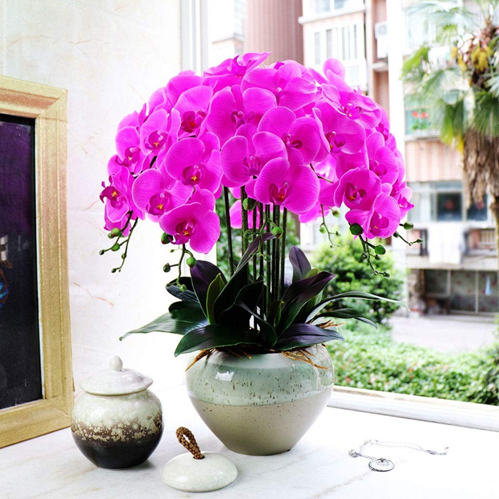Flor Artificial en Maceta Bonsái de orquídea Artificial con jarrón Flores de orquídeas moradas Falsas Arreglo de Phalaenopsis de PU para decoración de Mesa de Oficina en el hogar Centro de Mesa