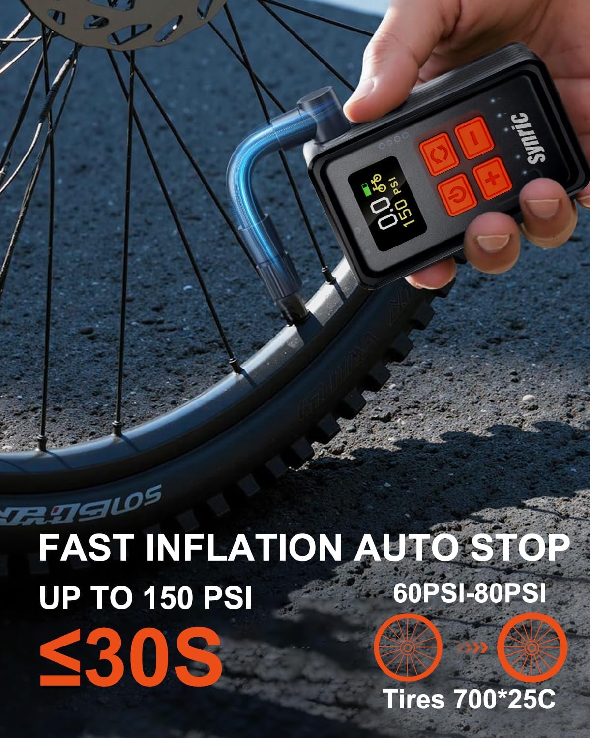 Mini Bike Tire Pump, 150PSI Fast Inflate Bike Pump with Gauge, Auto Stop, Portable Electric Air Pump with Presta & Schrader Valve, 360° Flexible Hose for Mountain Bike, Road Bike, E-Bike - Image 3