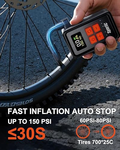 Miniatura 3 de Mini bomba de bicicleta, bomba de bicicleta de inflado rápido de 150 PSI con manómetro, parada automática, bomba de aire eléctrica portátil con