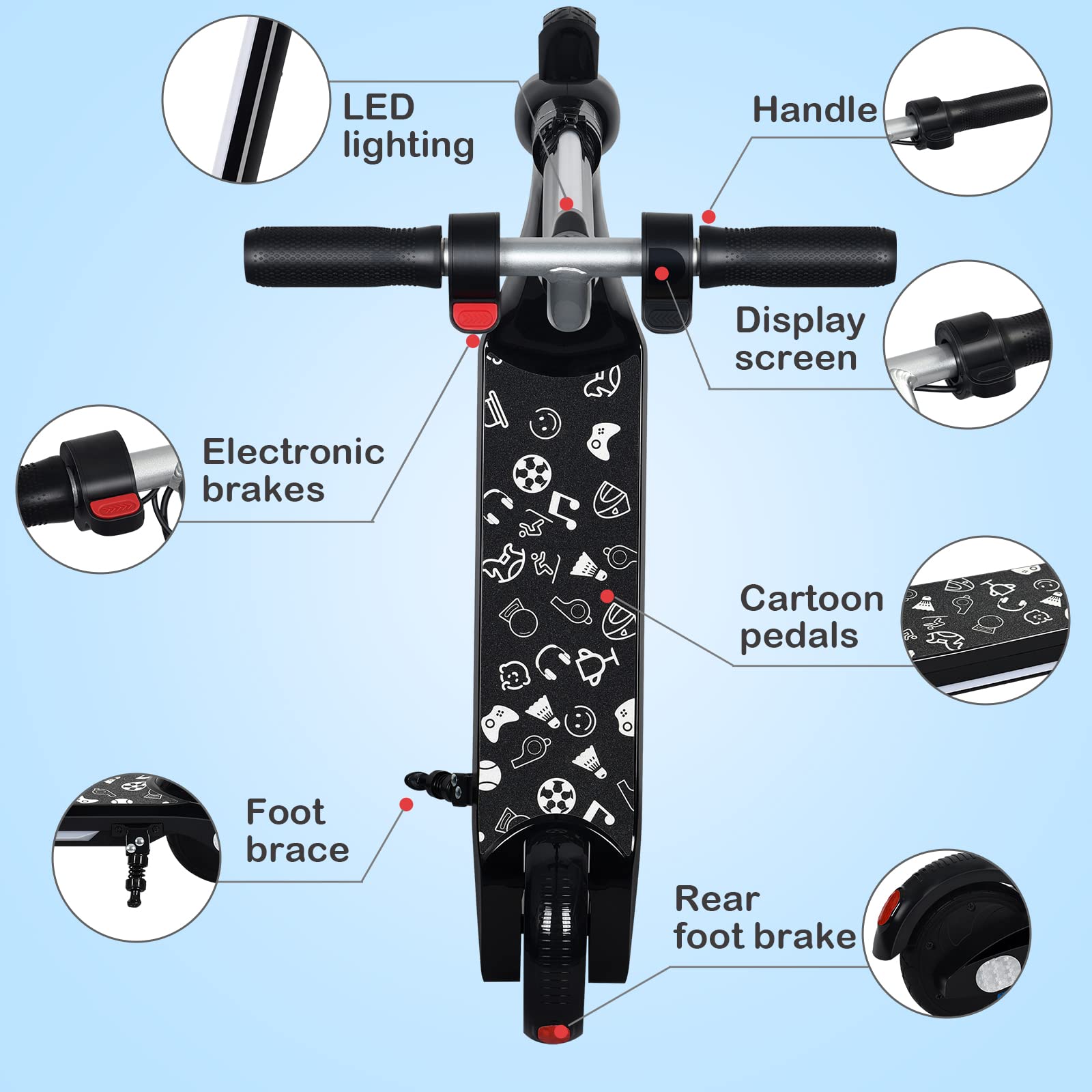Patinete eléctrico para niños, dos modos de velocidad, tres niveles de altura, con indicador LED y luces LED, un regalo de dibujos animados para niños y niñas