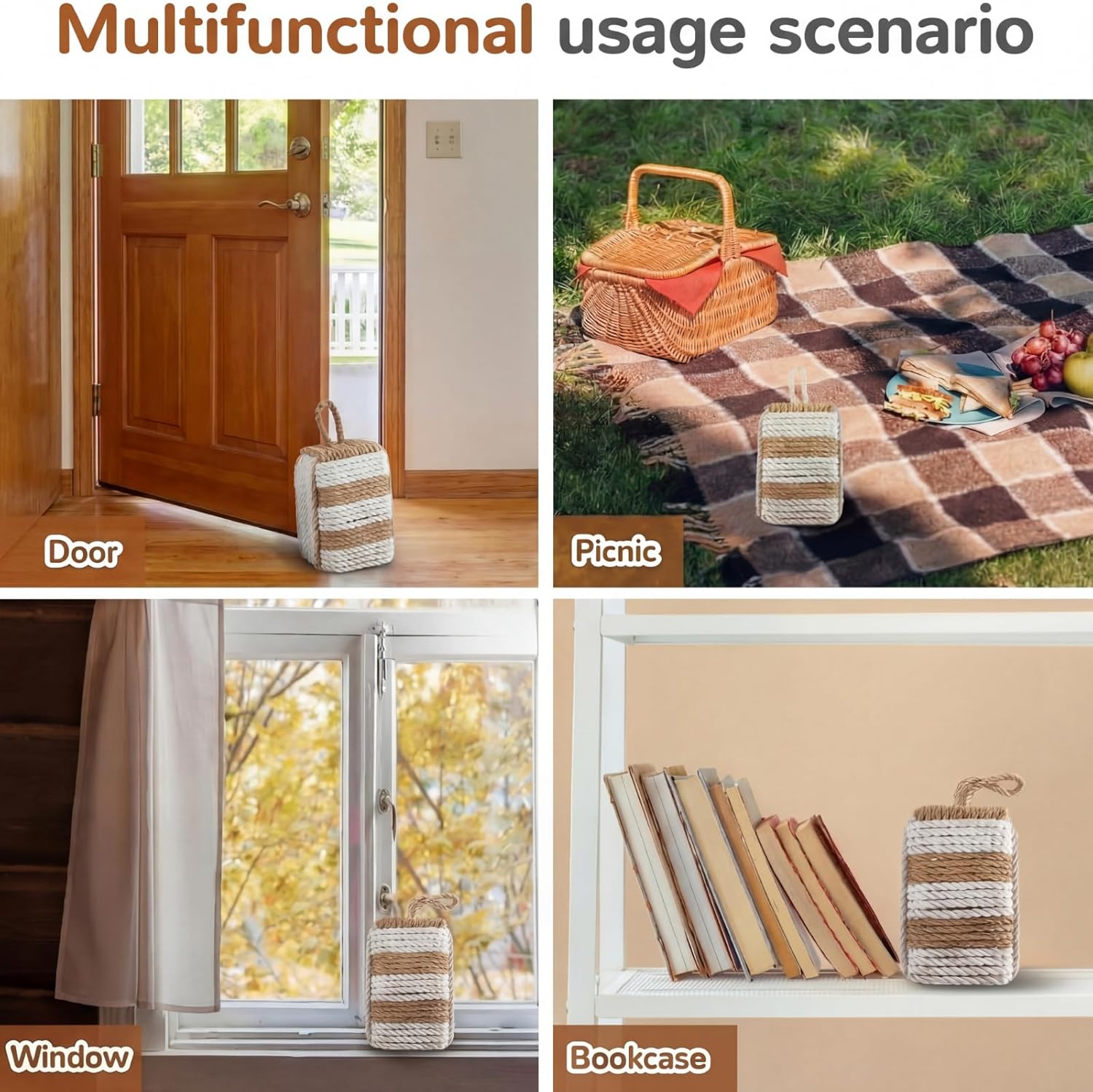 MorningRo Rope Door Stop Decorative Door Stop with Handle 4.72 ''d x 8.66''h 8.8lb Square Heavy Weighted Stoppers for Outdoor Inside Window Home to Keep Open New Home Gift Bookend White and Brown