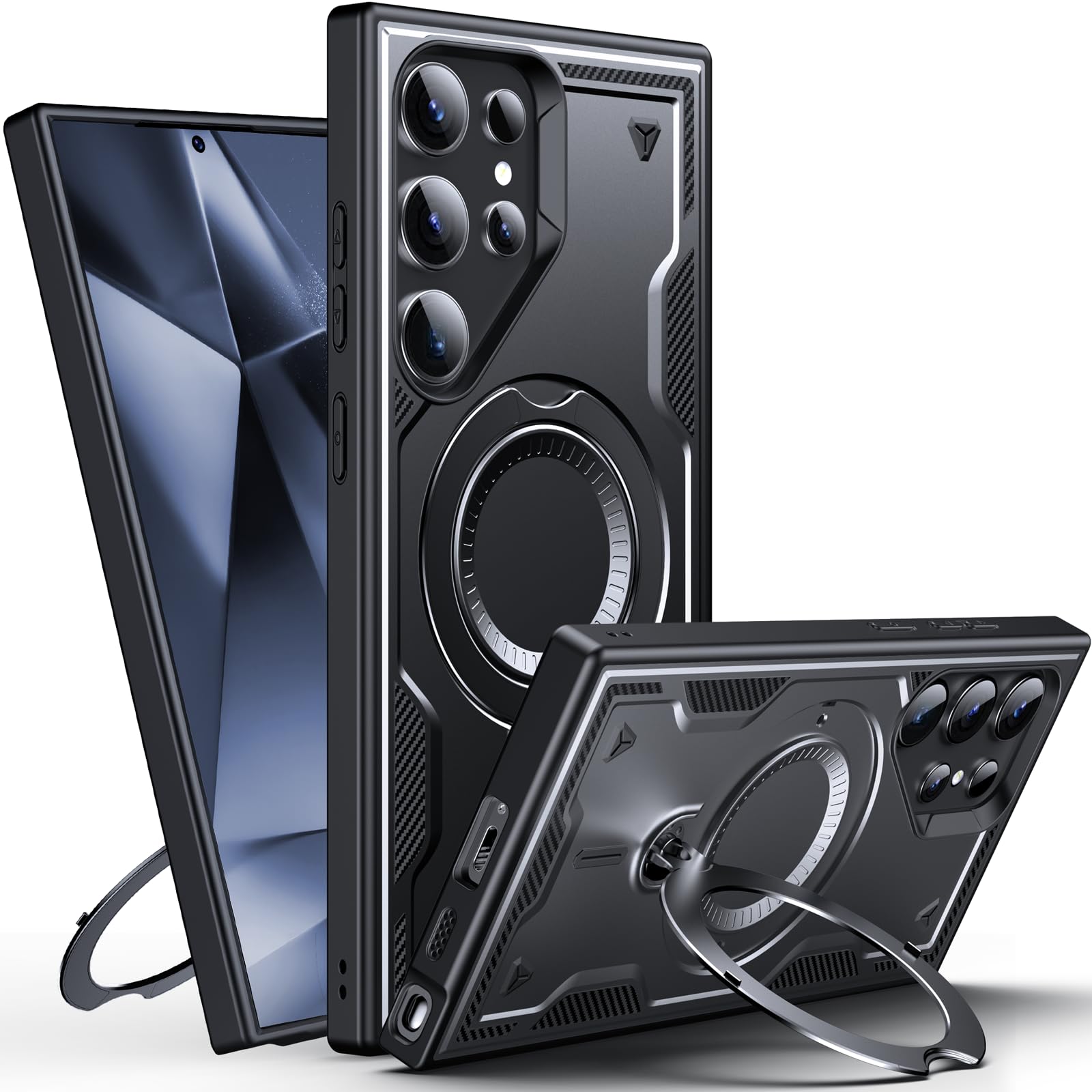 WYUIC für Samsung Galaxy S24 Ultra Hülle mit Rotiertem Ring-Ständer, Militärnorm Schutzhülle Stoßfest Kratzfeste 10 Fuß Drop-Test Panzer Schutz Rückseite Mehrschichtiger Schutz Handyhülle, Schwarz