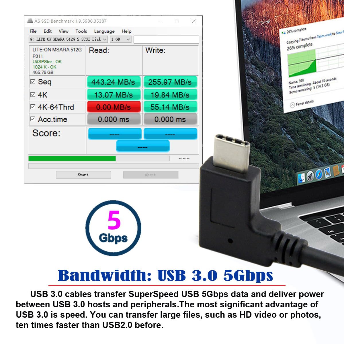 JSER Reversible USB 3.1 USB-C Right Angled to 90 Degree Right Angled USB 3.0 Cable for Tablet Mobile Phone (30cm) - Image 4