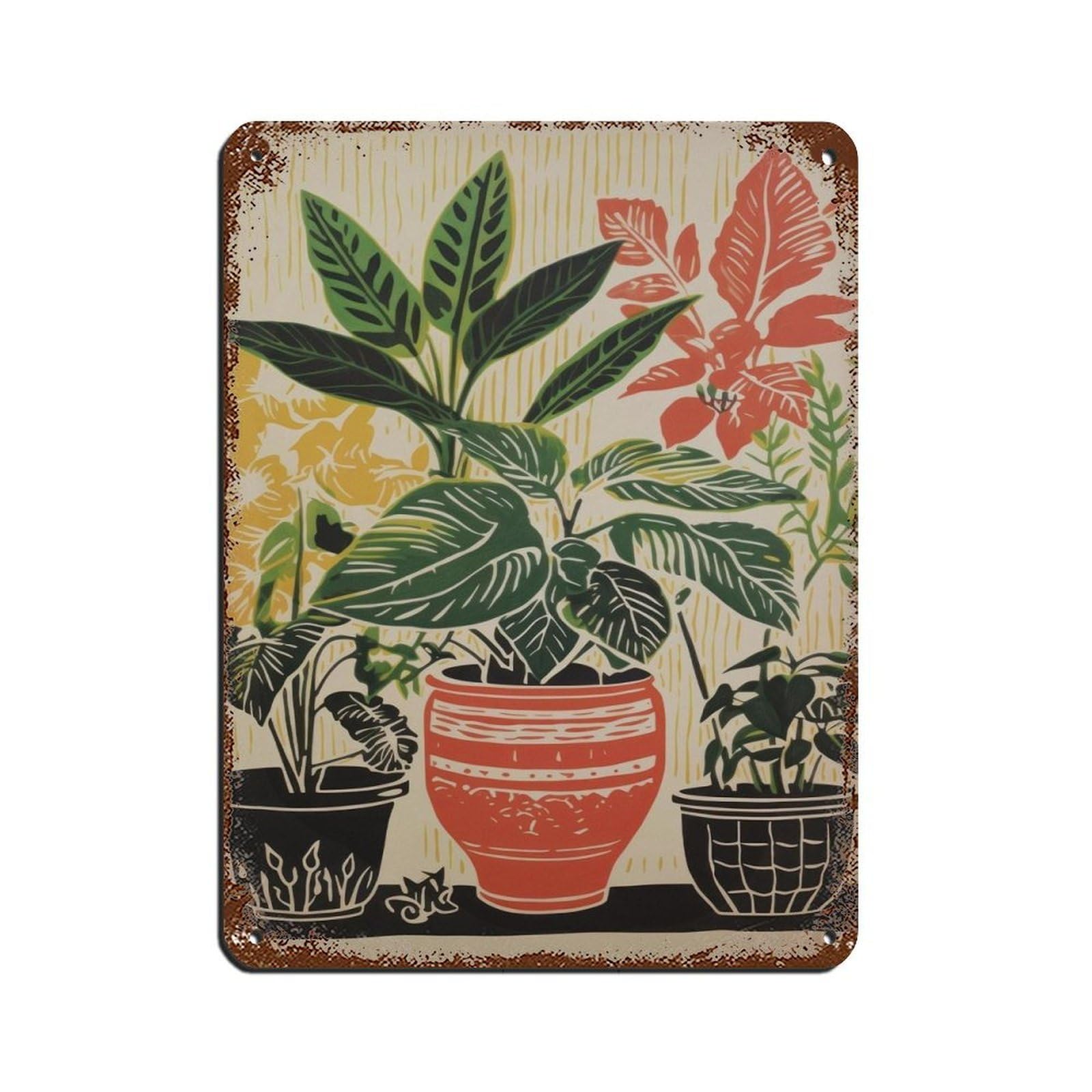 Garden Poster,vintage Plant in Pots Painting Tin Sign Vintage Metal Pub Club Cafe Bar Home Wall Art Decoration Poster Retro 12x16inch(30x40cm)