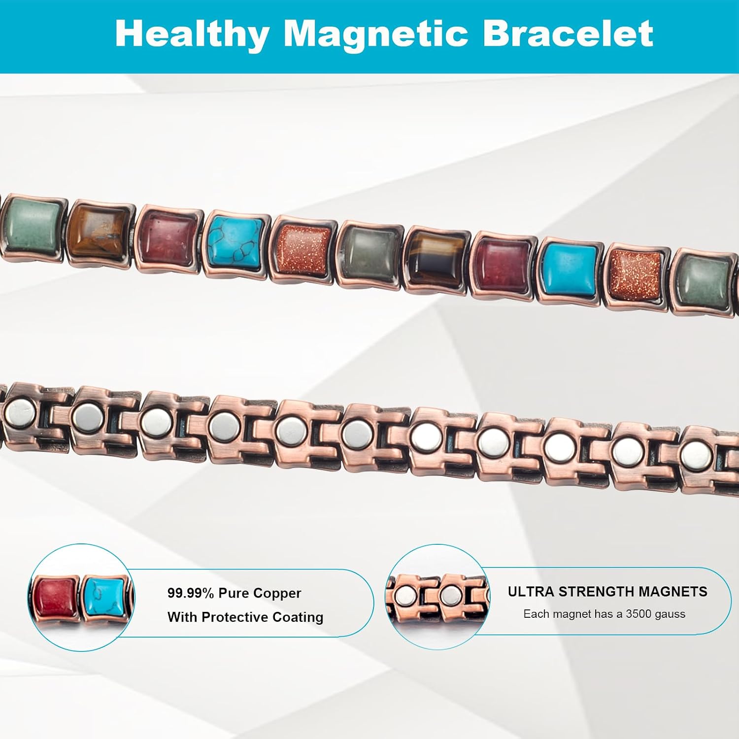 Copper Bracelets for Women, Pure Copper with Colored Turquoise Bracelet, 3500 Gauss Magnets, Fashion Jewelry（FUTI-2） image 4