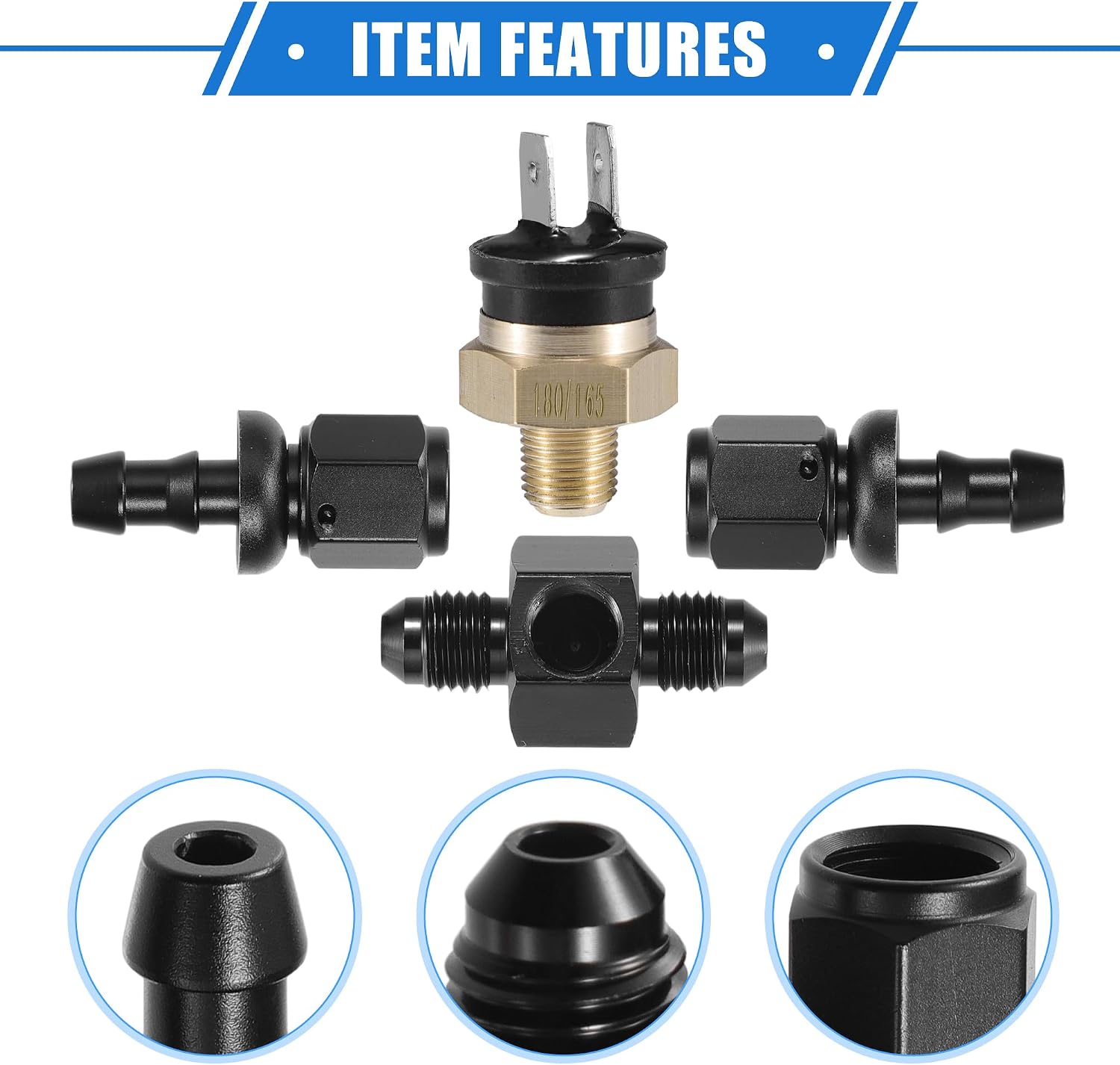 Coolant Hose Thermostat Switch Kit, 4AN 180'F on - 165'F Off Transmission Cooler Sensor Fan Oil Cooler Radiator Electric Switch Fitting Universal for Car Truck Metal Black