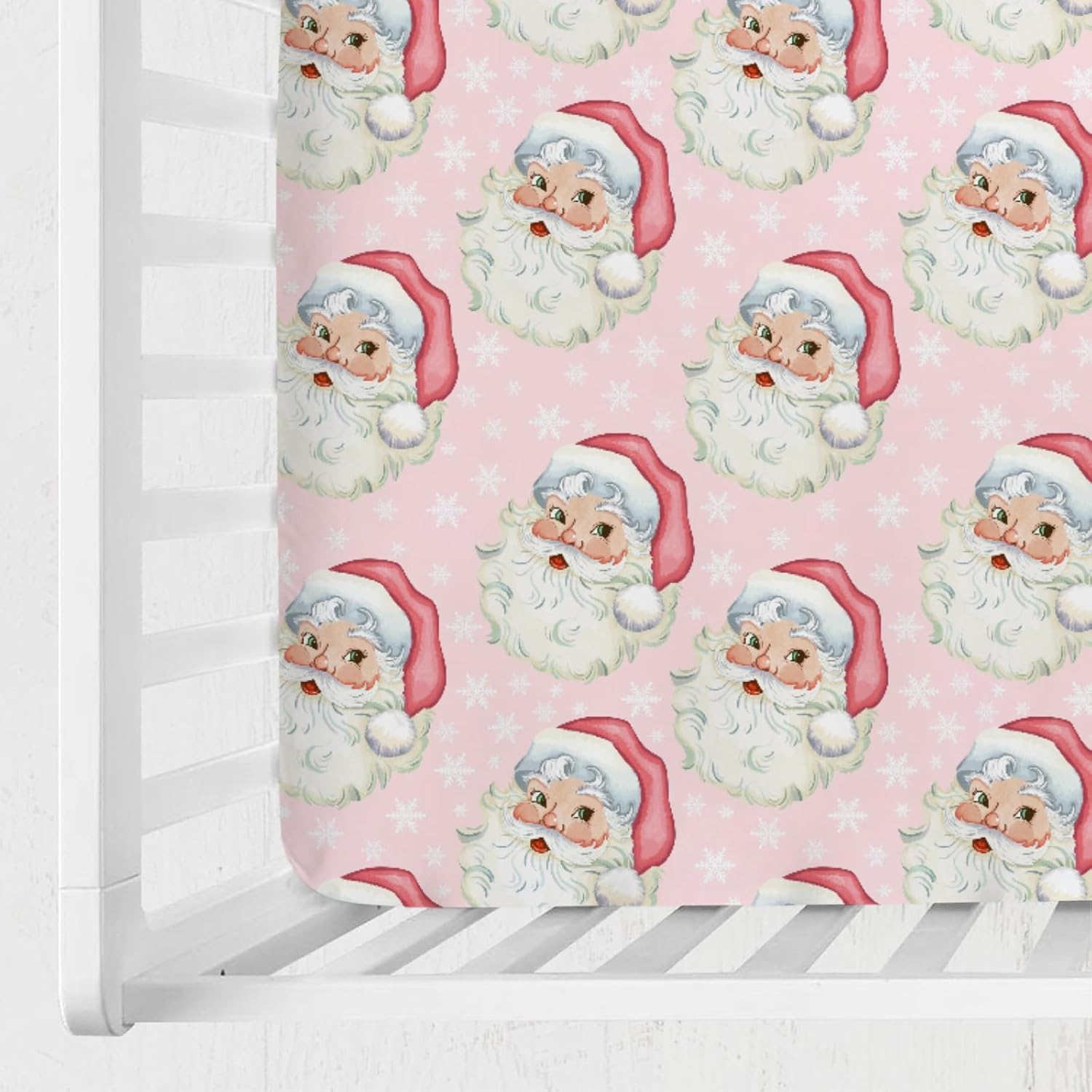 Merry Christmas Santa Claus Baby Crib Sheets 52''x28'' Winter Xmas Snowflakes Pink Stretchy Fitted Crib Mattress Sheet for Boy Girl Soft Nursery Bed Sheets for Standard Crib and Toddler Mattress