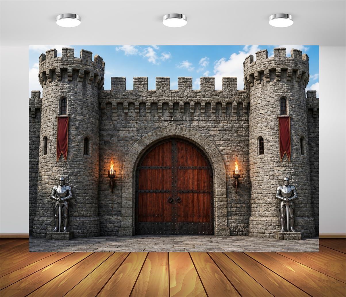 BELECO 3.6x3m Sfondo in tessuto Castello Medievale in Pietra | Muro Castello Fortezza Armature Cavalieri Torce Fiammanti Porta In Legno Sfondo Medievale Telo Di Sfondo