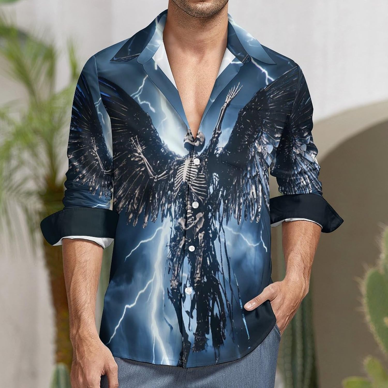 Skull Angels-Skeleton Long Sleeve Shirts Casual Dress Shirt Button-down T-shirts for Men