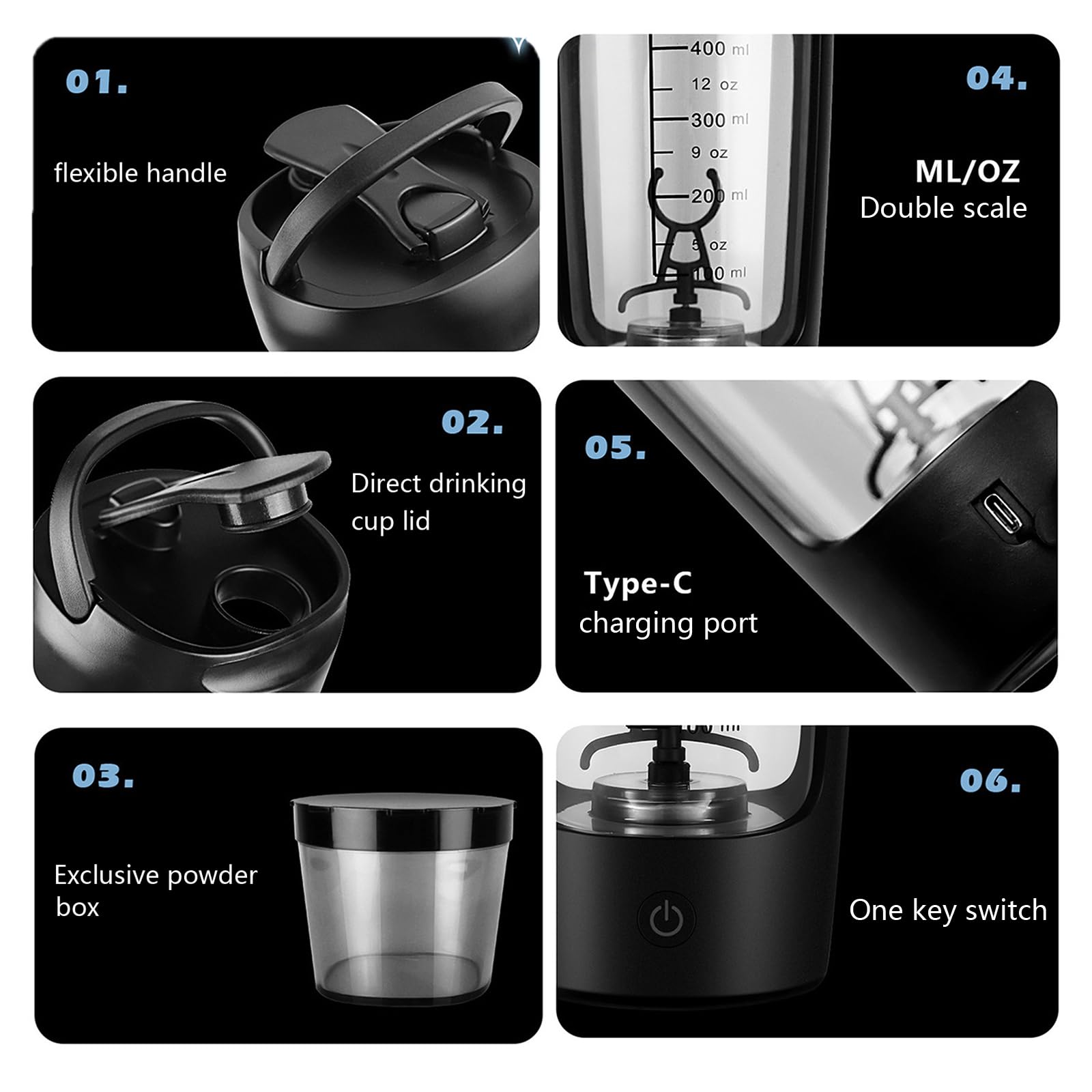 Shaker elettrico con scomparto in polvere 650ml Shaker Protein Shake ricaricabile Protein Mixer Shaker Proteine Shake Proteine Shake