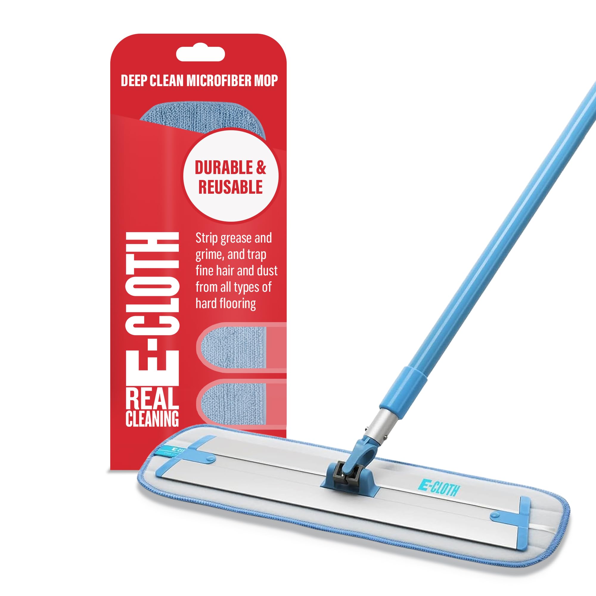 E-Cloth Trapeador de Microfibra para Limpieza de Suelos, Ideal para Suelos de Madera Dura, laminados, Azulejos y Piedra, Lavable y Reutilizable, con Mango telescópico, Azul y Plateado, 1 Paquete