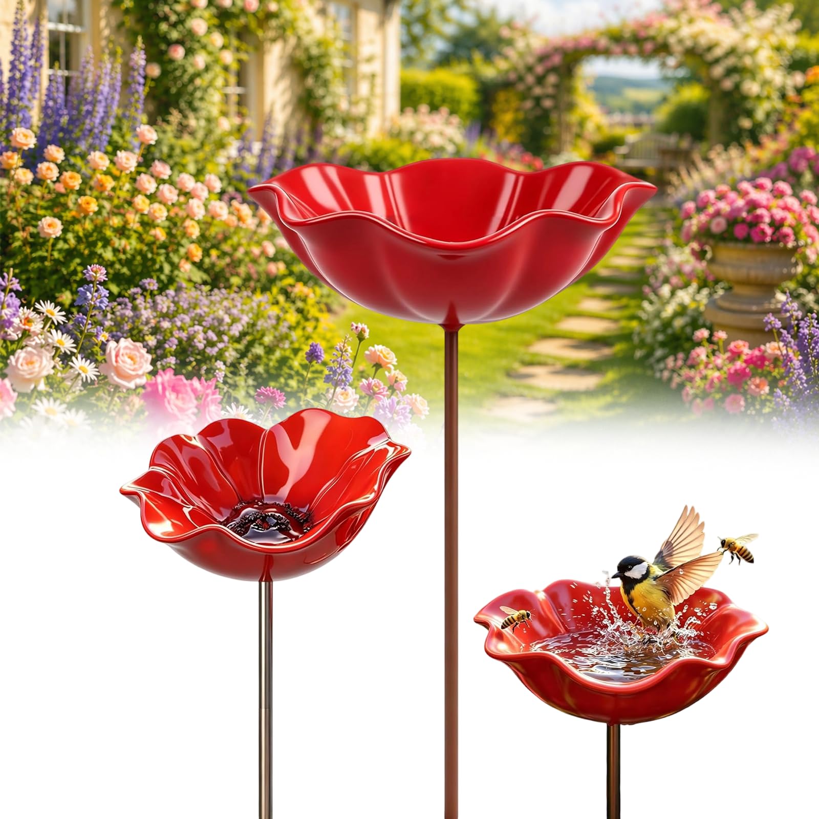 Handmade Metal Flower Garden Stake Bird Bath Bowl - Weather-Resistant Bee Watering Station & Flower Bird Feeder, Decorative Outdoor Metal Flowers for Yard Lawn Patio Decor (Red)