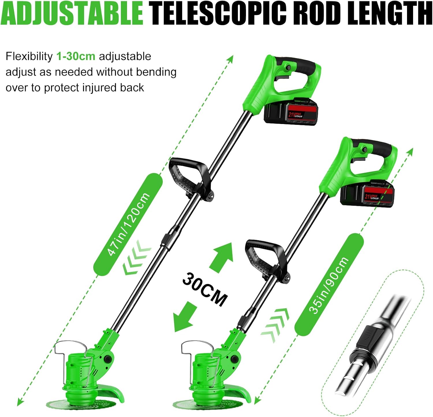 Electric Weed Wacker 21V Brush Cutters Battery Powered 3 in 1 Lightweight Weed Eater with Blade Adjustable Pole Cordless Grass Trimmer with 2 * 2.0Ah Batteries and Charger for Garden Yard Green