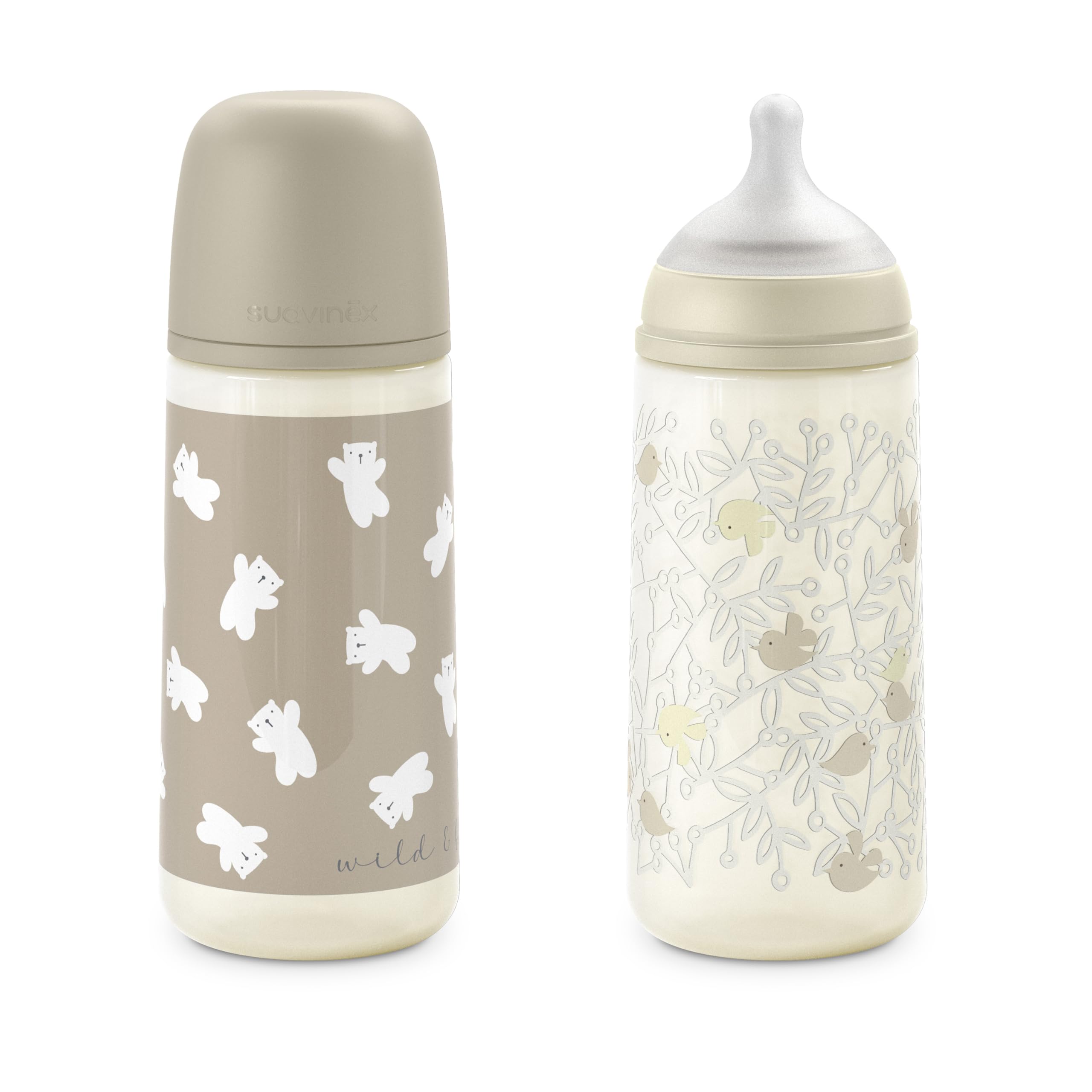 Suavinex, Confezione da 2 Biberon da 360 ml, Tettarella Fisiologica SX Pro in Silicone con Valvola Anticolica, Flusso Denso (L), Adatto per Pappa Liquida. ​​Neonati +6 Mesi. Birdies e Wild&Free, Beige