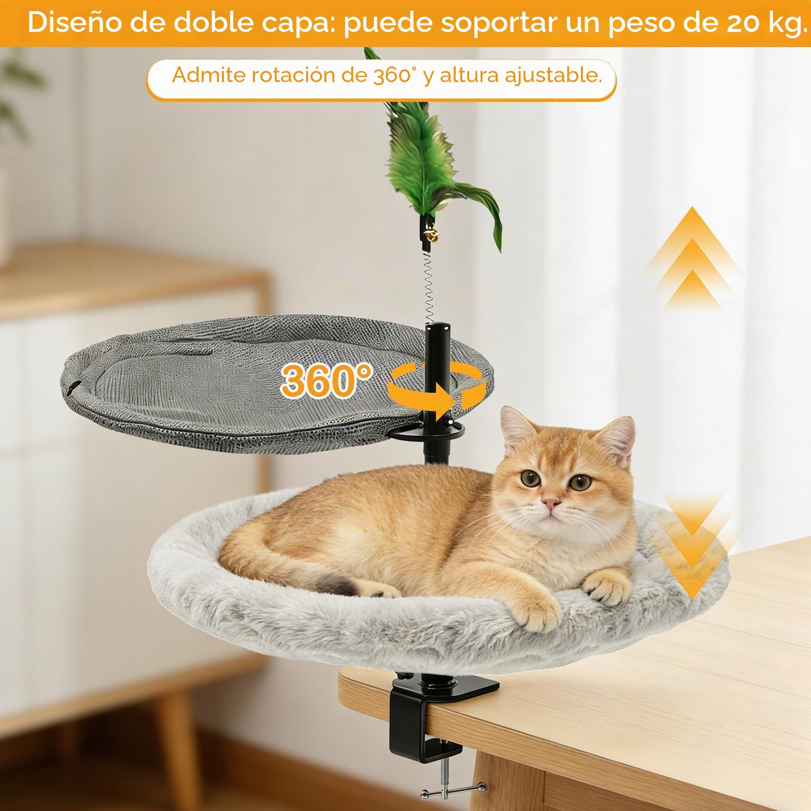 Doble Capa Camas para Gatos de Escritorio, con Barra de Resorte, Ajuste de Altura, Rotación de 360°, Capacidad de Carga hasta 20 kg, Hamaca Cómoda para Gatos, Ideal para Hogar y Espacios de Trabajo