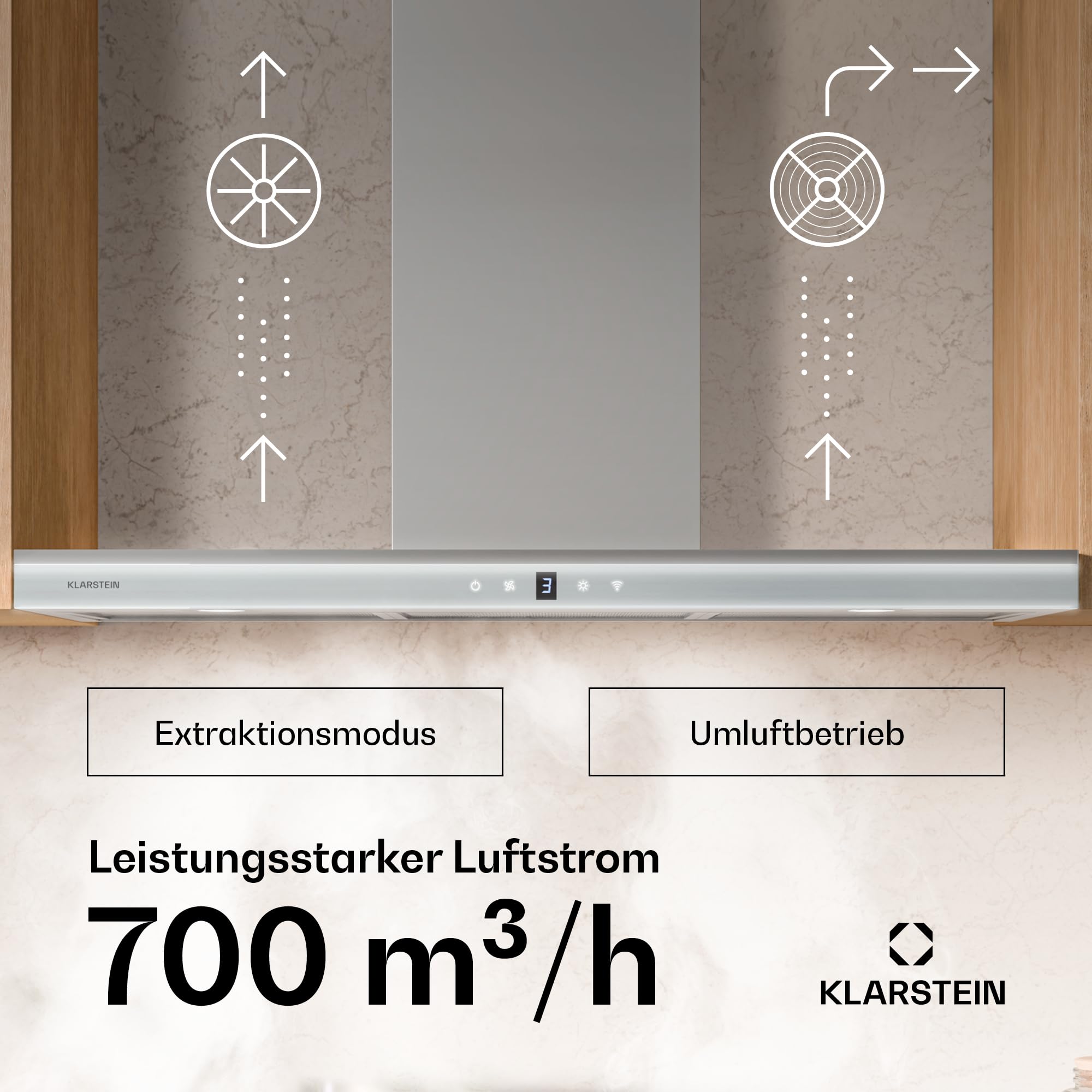 Klarstein Auriana Dunstabzugshaube - 90 cm Wandhaube, 700 m³/h Luftdurchsatz, A+ Energieeffizienz, WLAN- & Touch-Steuerung, LED-Beleuchtung 6000 K, 110 W Motor, Schwarz