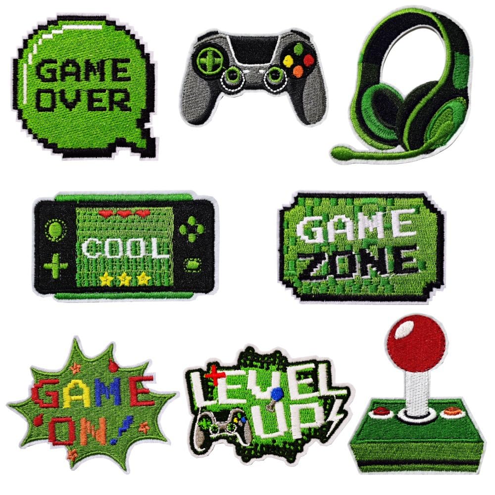 CYWQ 8Pcs Video Game Iron on Patches Green Pixelated Gaming Embroidered Applique Repair Patch DIY Craft Accessories Gifts for Kids Boys Gamer Fans Enthusiasts Clothing Backpack Hat