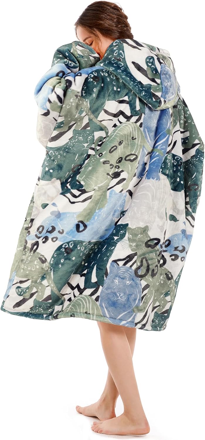 Narecte Oversized Blanket Hoodie Blanket for Women,Wearable Blanket Adult Giant Hoodie Cozy Sweatshirt Kawaii Stuff,Birthday Gifts for Women, for Sister,Teen Girl Gifts Leopard Tiger