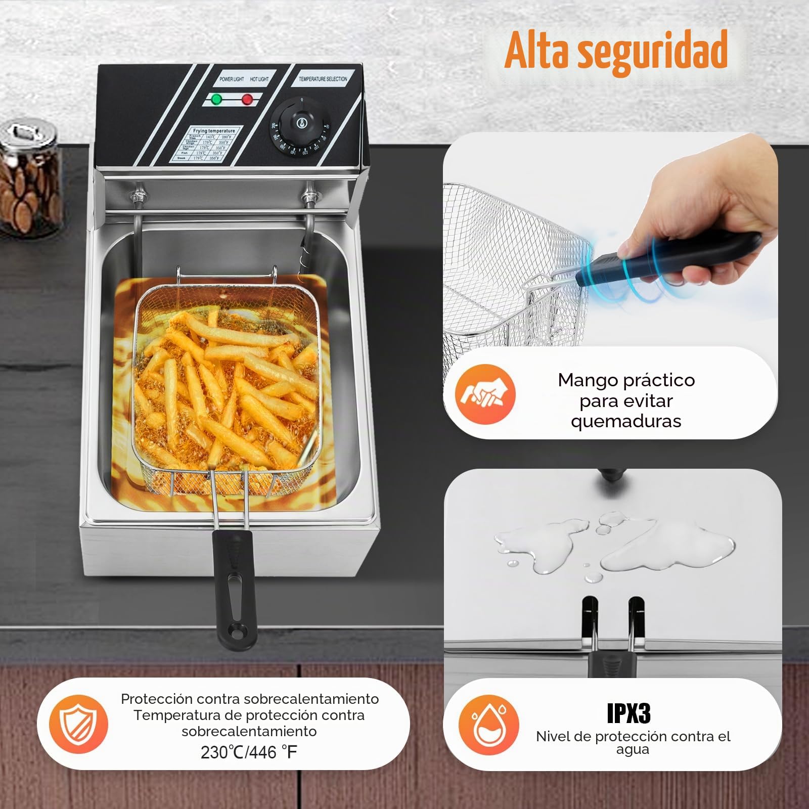 MINRS Freidora de aceite de 6 L con cesta y tapa, freidora de acero inoxidable, freidora de zonas frías, fácil limpieza temperatura regulable 60-200 ℃ 2500 W freidoras comerciales para uso en
