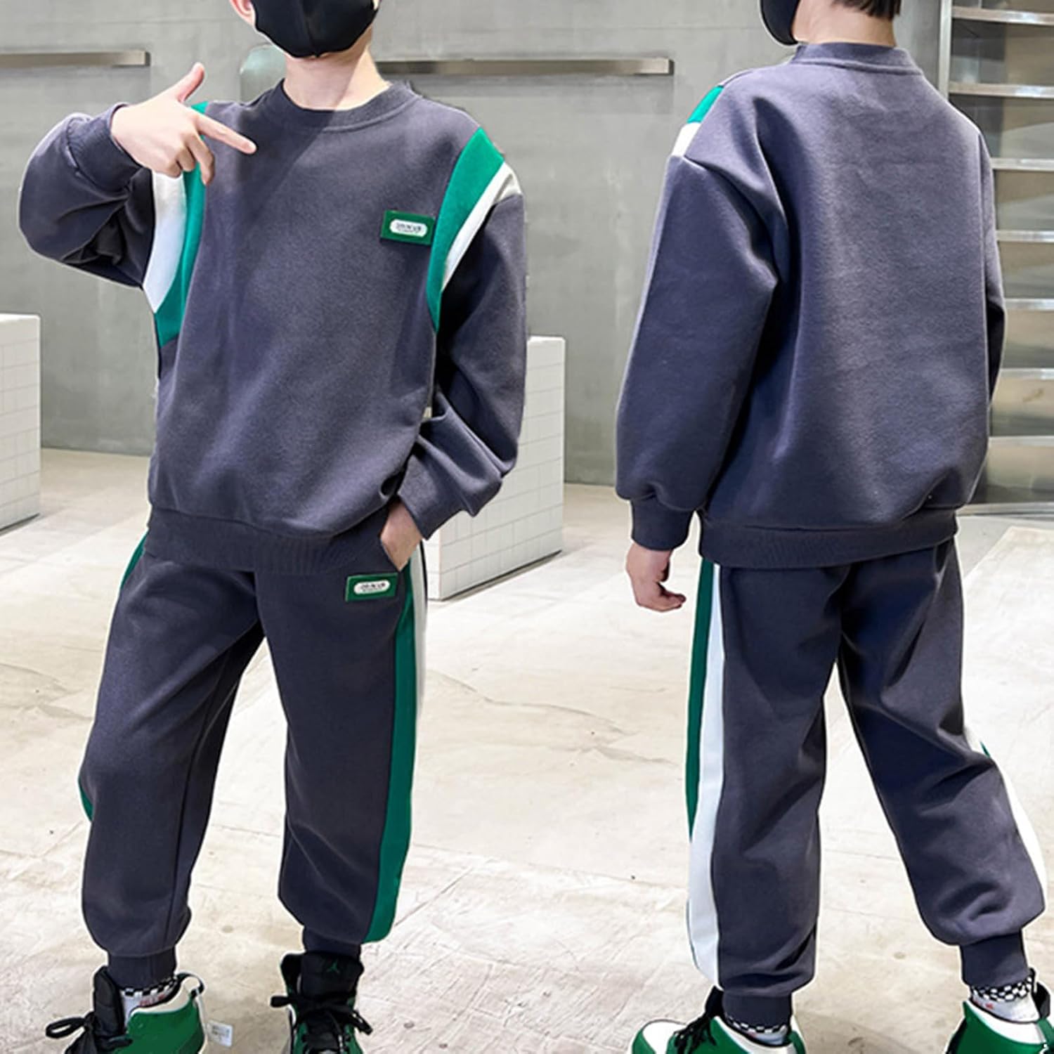 Freebily Boys Contrast Color Sports Outfits Long Sleeve Pullover Tops Sweatshirt with Sweatpants Jogger Pants Set Tracksuit