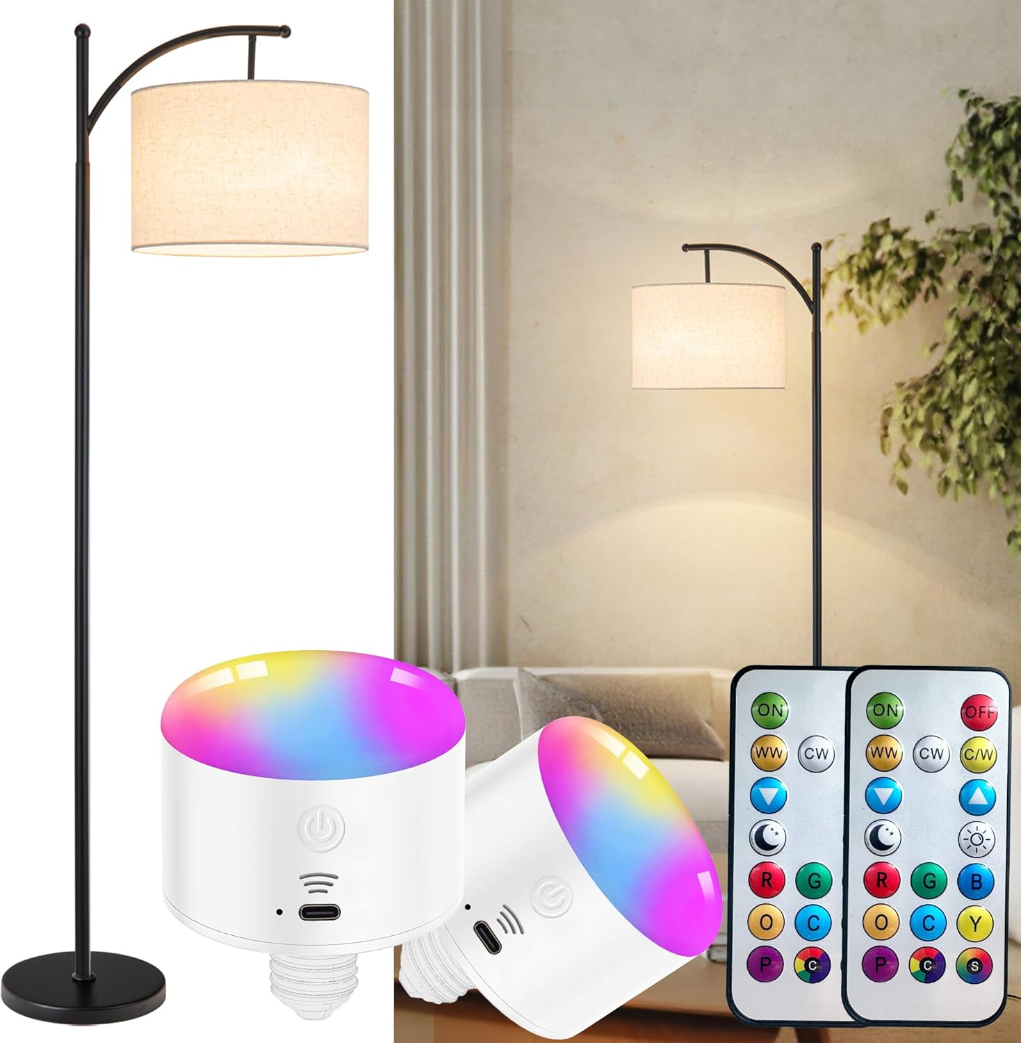 Battery Operated Cordless Lamp with Remote Control - Dimmable Modern Tall Standing Lamp with Linen Shade - 3 Color Temperatures LED Bulb Included