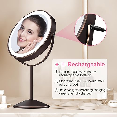 Miniatura 5 de LOVESPEJO Espejo de maquillaje, espejo de aumento recargable de 8 pulgadas con luz, 1x10x rotación de 360, espejo de maquillaje iluminado, espejo de