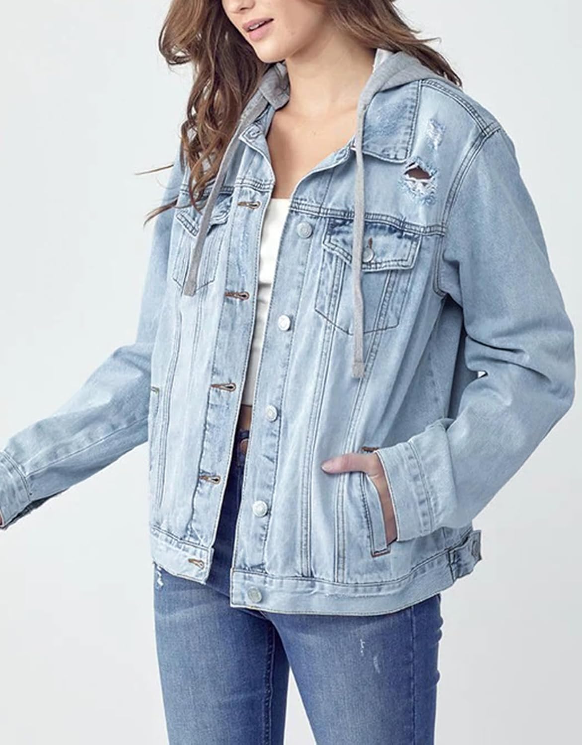 Kedera Womens Casual Denim Jacket Long Sleeve Distressed Ripped Jean Coat Trendy Top with Detachable Hood - Image 6