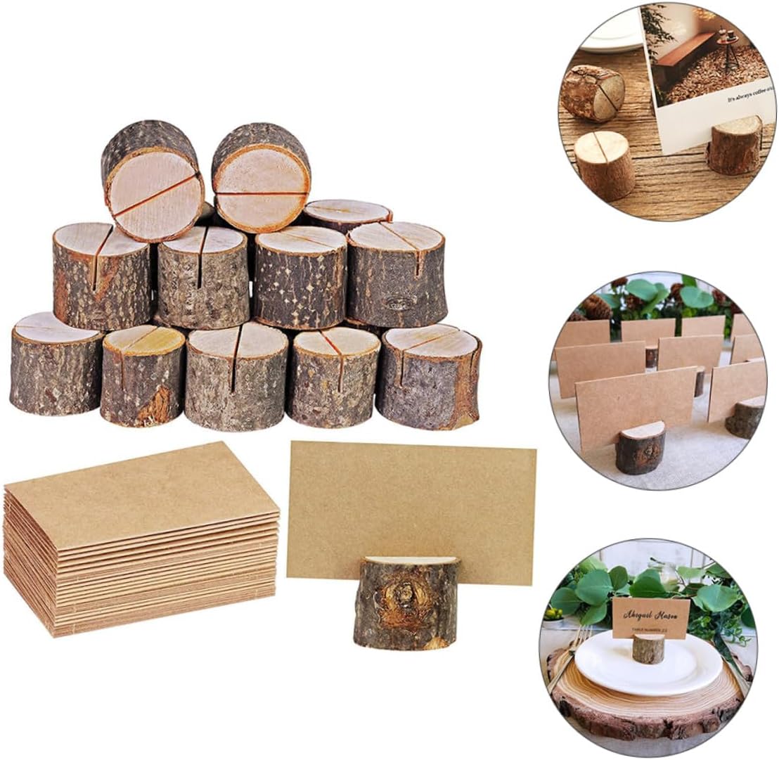 Luxshiny Wooden Stump Note Holder and Photo Clip, Rustic Wood Table Number Display Stand, 50 Pcs Set 20 Natural Wood Stumps and 30 Cards for Wedding Party Table Decorations