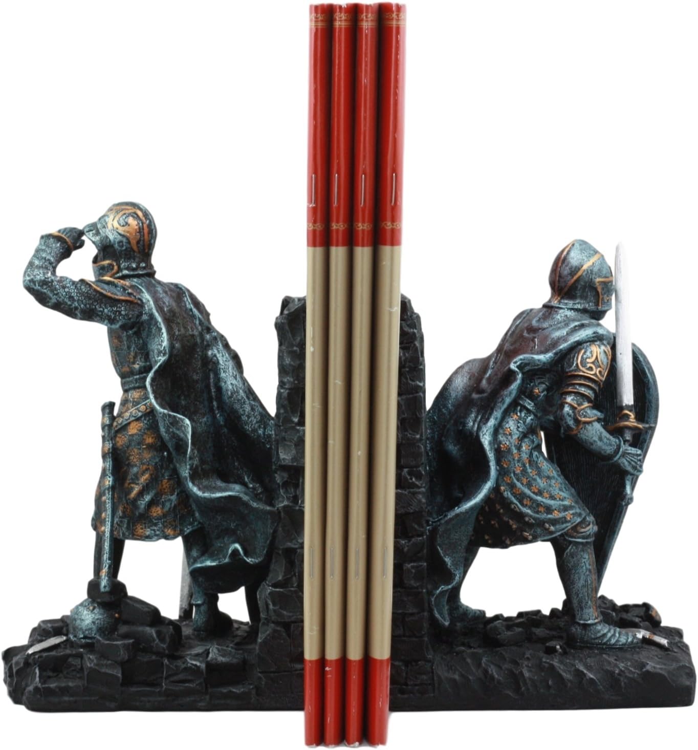 Ebros Medieval Dragon Heraldry Knight Bookends Statue 8" Tall Set Suit of Armor Swordsman Warrior with Heraldry Shield Renaissance Age of Kings Decorative Bookends Sculpture
