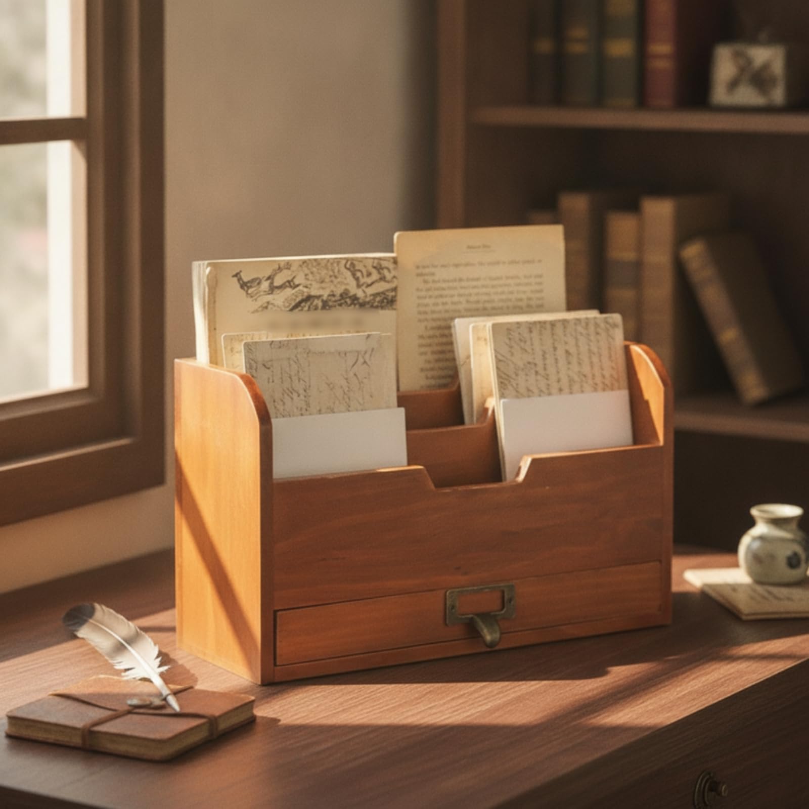 Organizer da Scrivania Ufficio Portadocumenti Portalettere Portacarte Cassetto con Scomparti Aperti E Maniglia in Metallo Legno Effetto Rustico per