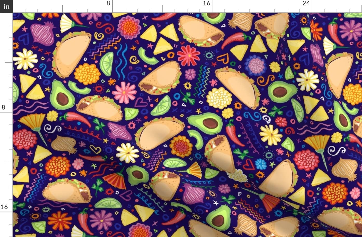 Spoonflower Fabric - Taco Fiesta Tacos Avocado Mexican Food Burritos Blue Flowers Party Printed on Organic Cotton Sateen Fabric by The Yard - Sewing Quilting Apparel Home Decor