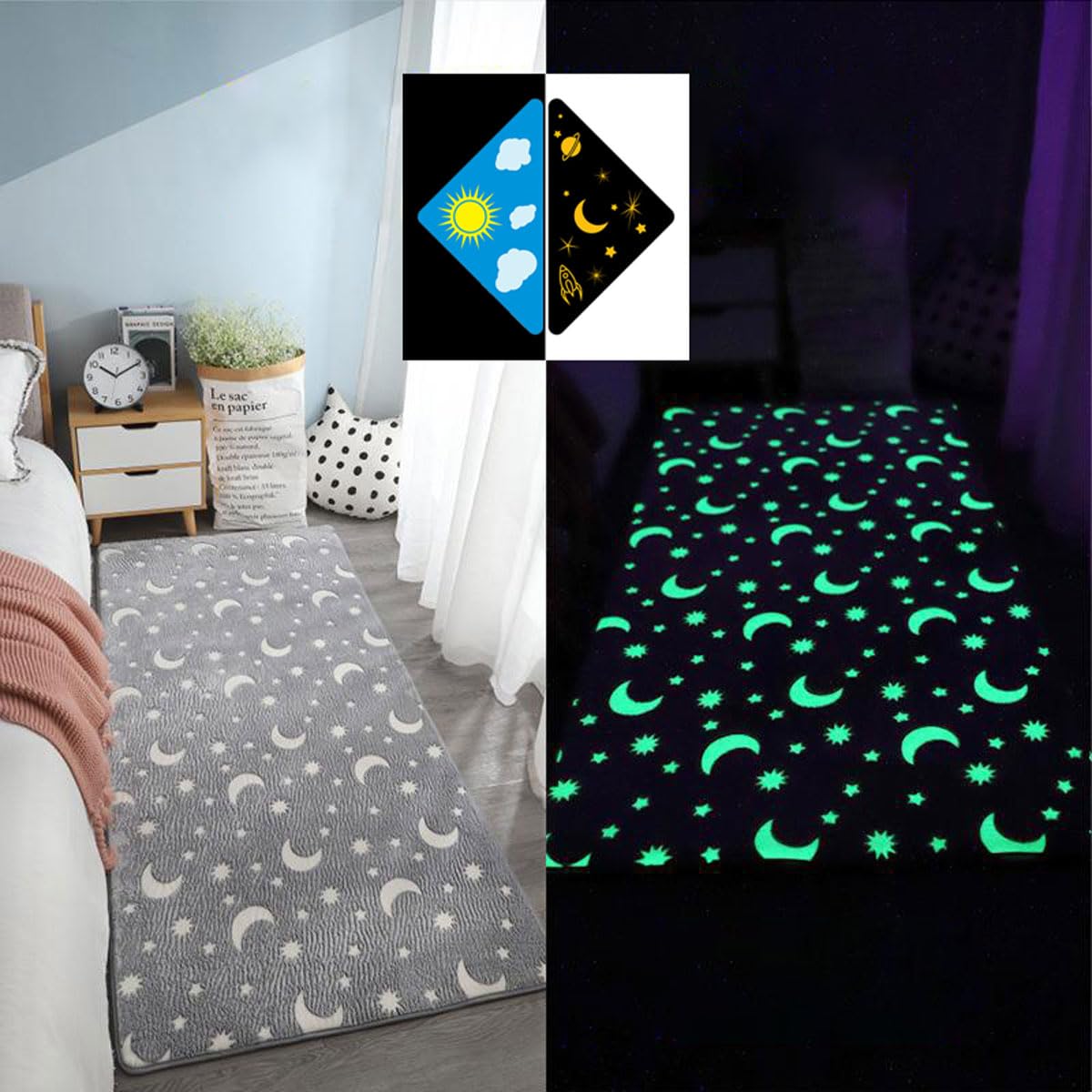Single tree forest Glow-In-The-Dark Children'S Bedroom Bedside Carpet, Home Decoration Washable Play Rug, Crawling Mat-Gray Stars And Moon-200 * 300cm